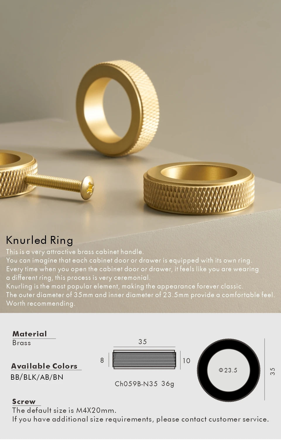 Gold brass knurled ring knobs with specifications on a beige background.