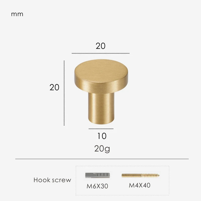 Gold brass round knob 20 mm with dimensions and weight information.