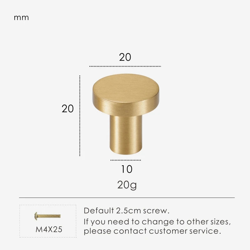 Gold brass round knob 20mm with dimensions and weight information.