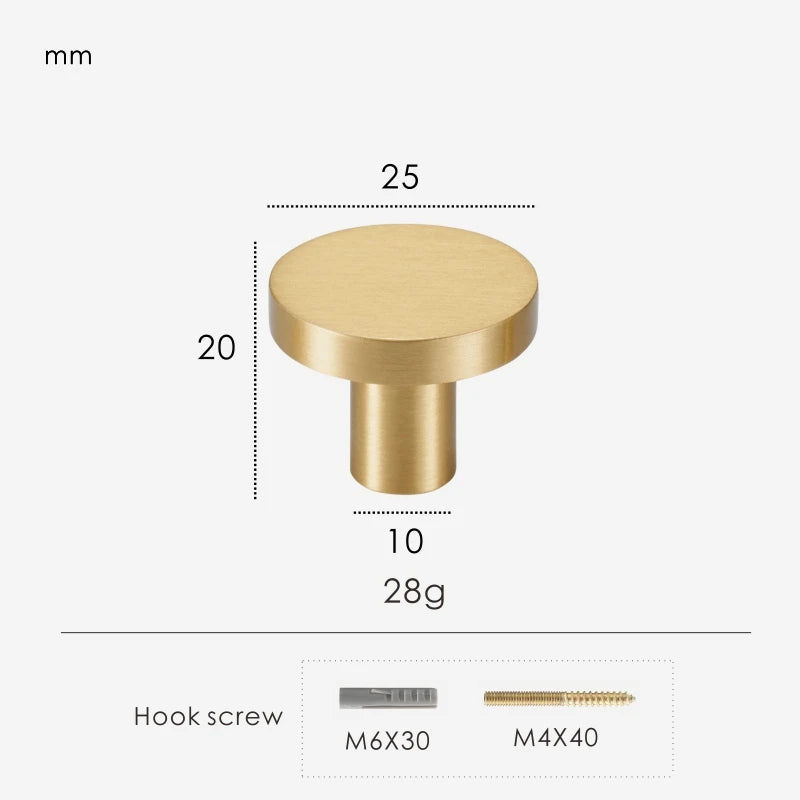 Gold brass round knob 25 mm with dimensions and weight information.