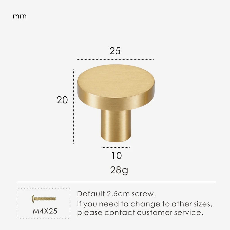 Gold brass round knob 25mm with dimensions and weight information.