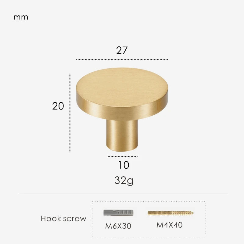 Gold brass round knob 27 mm with dimensions and weight information.