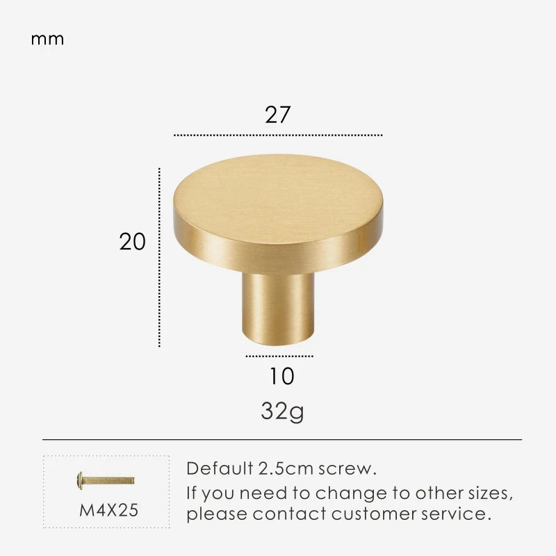 Gold brass round knob 27mm with dimensions and weight information.