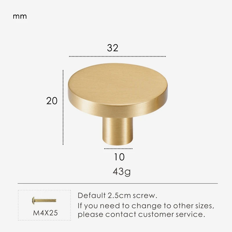 Gold brass round knob 32 mm with dimensions and weight information.