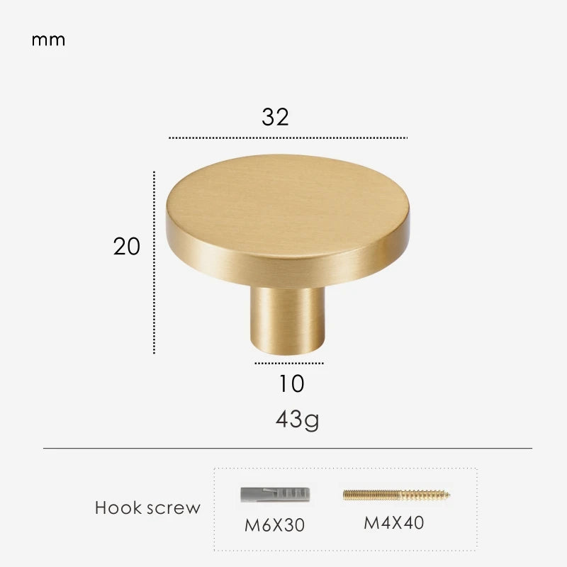 Gold brass round knob 32mm with dimensions and weight information.