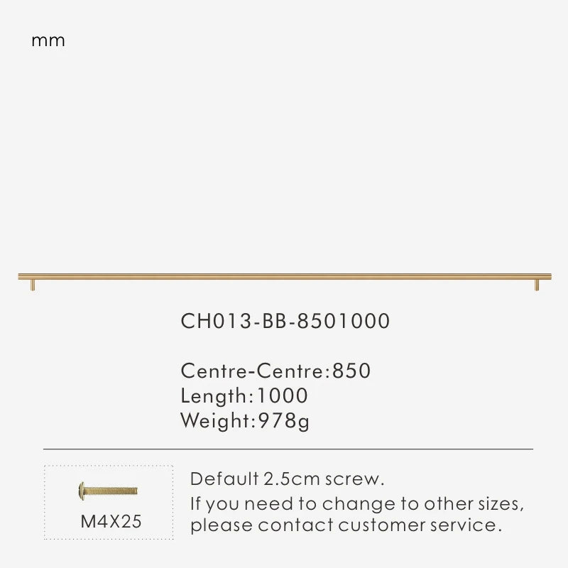 Measurement chart for a gold brass round rod pull 1000 mm with dimensions and weight information.