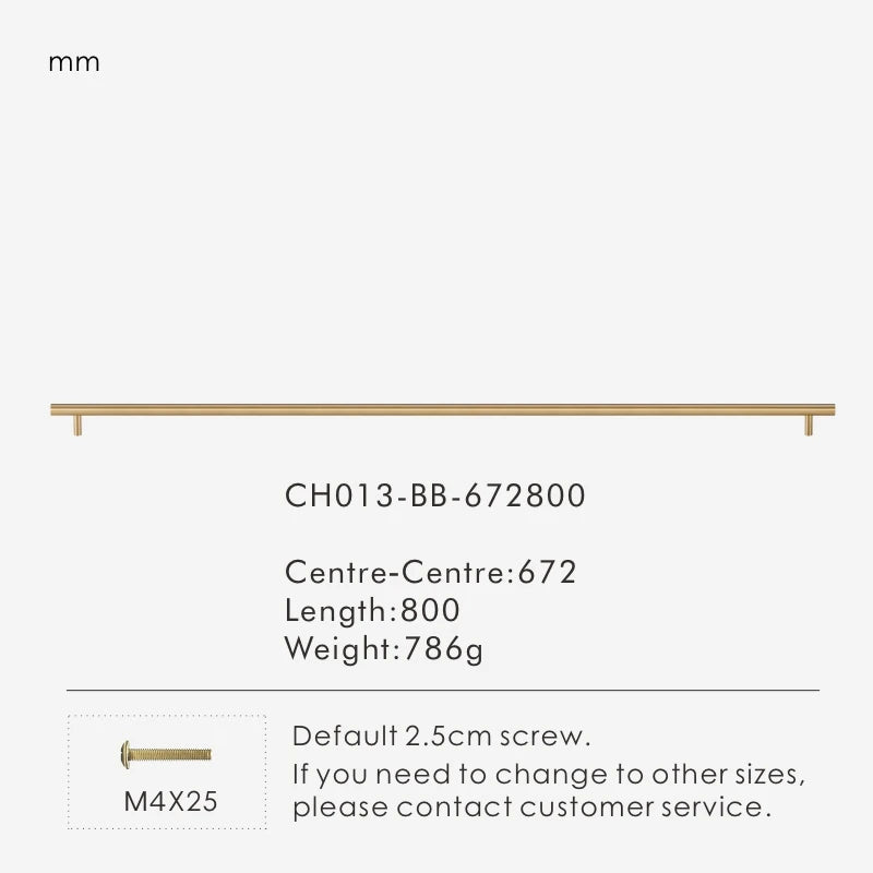 Measurement chart for a gold brass round rod pull 800 mm with dimensions and weight information.