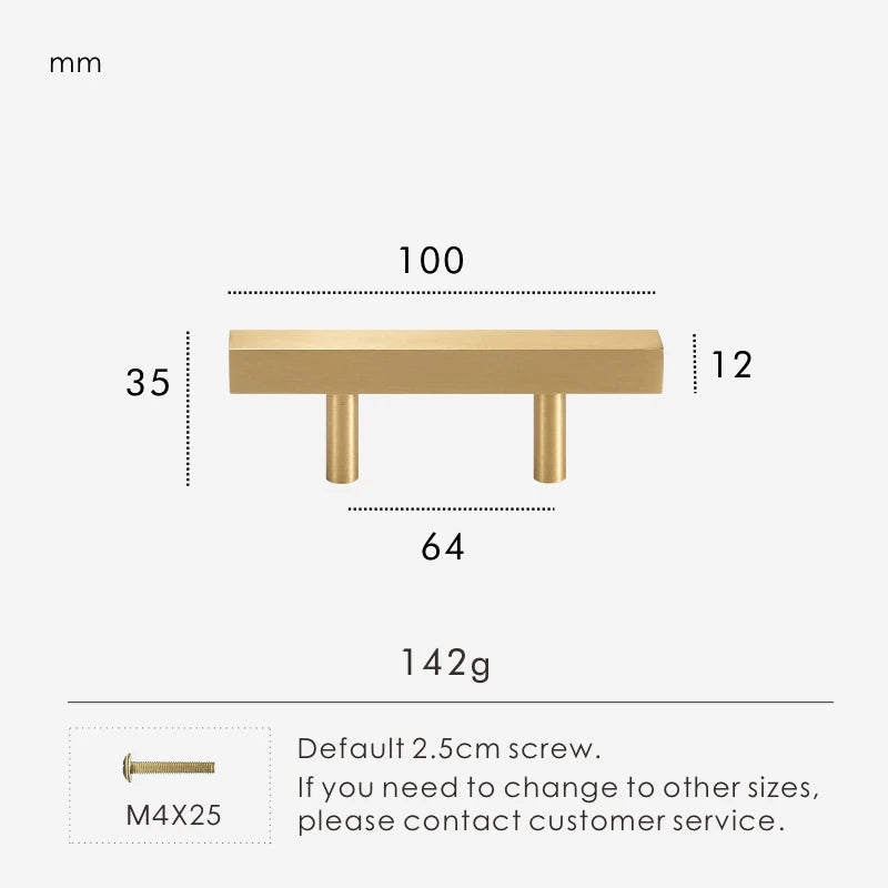 Measurement chart for a gold brass square handle 100 mm with dimensions and weight information.
