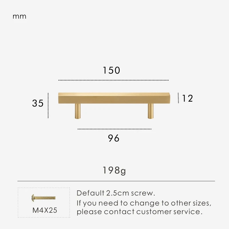 Measurement chart for a gold brass square handle 150 mm with dimensions and weight information.