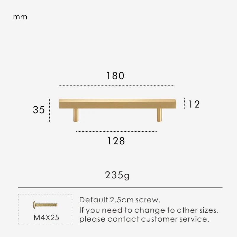 Measurement chart for a gold brass square handle 180 mm with dimensions and weight information.