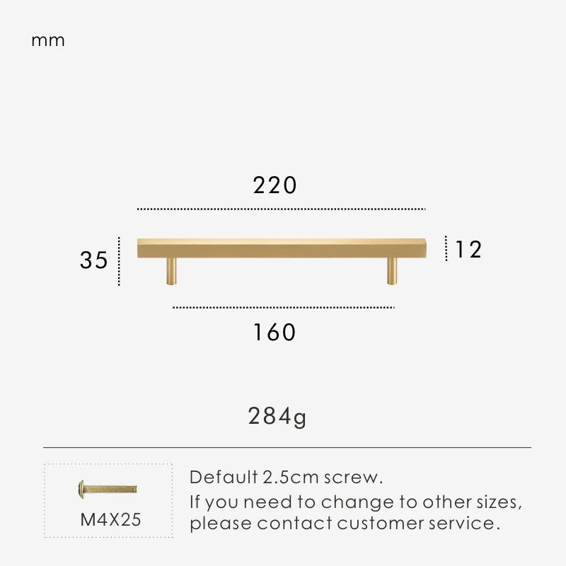 Measurement chart for a gold brass square handle 220 mm with dimensions and weight information.