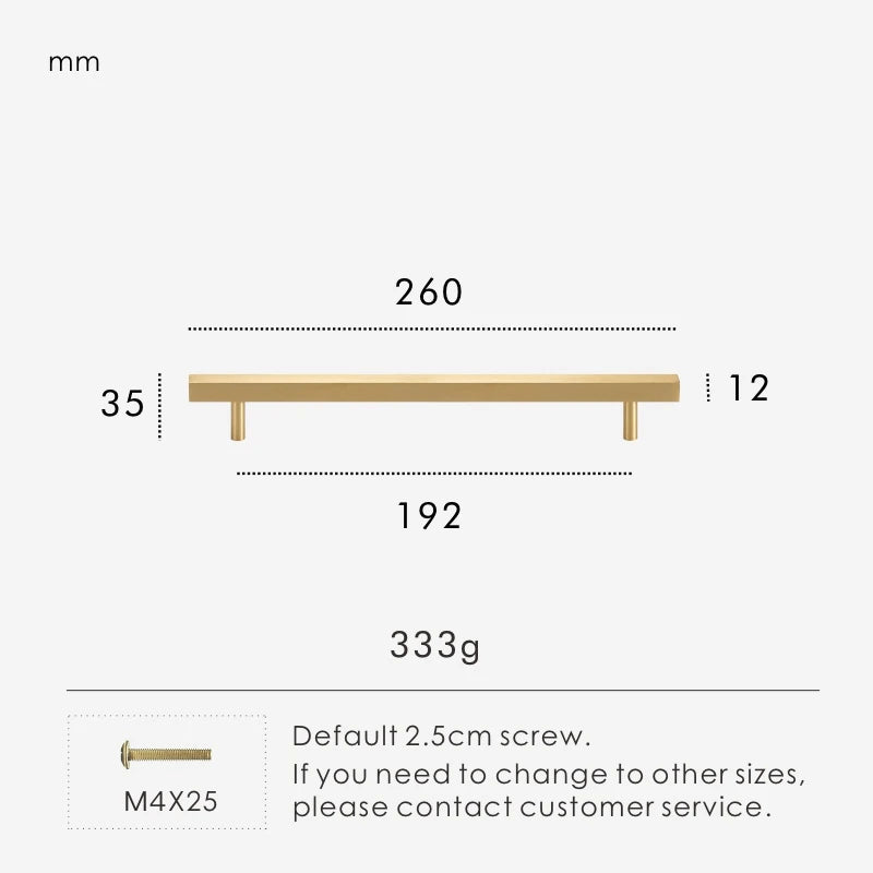 Measurement chart for a gold brass square handle 260 mm with dimensions and weight information.