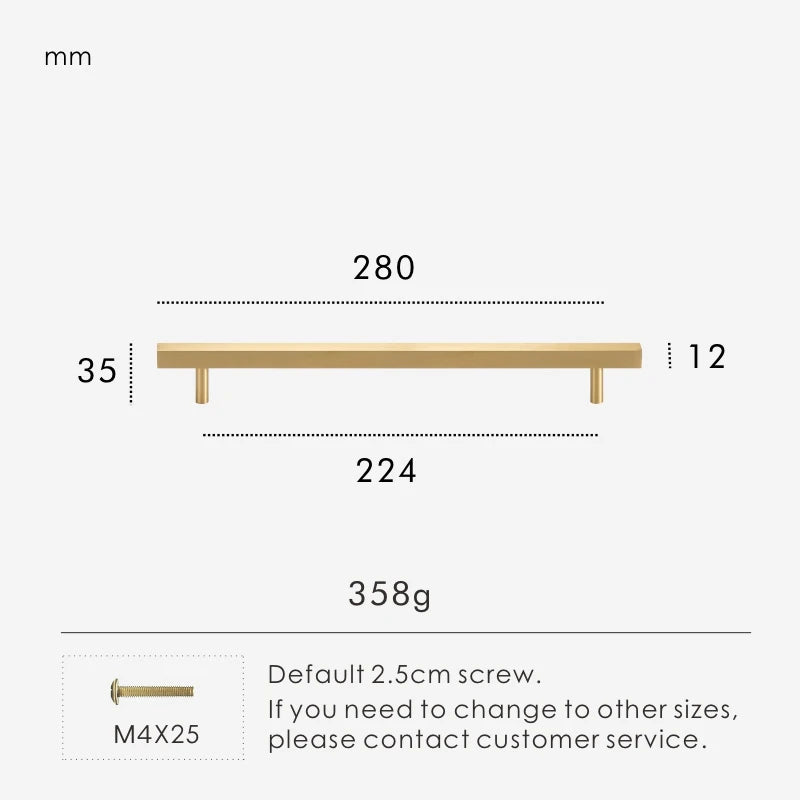 Measurement chart for a gold brass square handle 280 mm with dimensions and weight information.