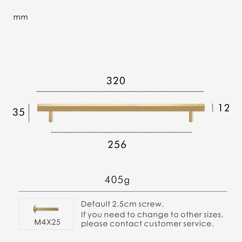 Measurement chart for a gold brass square handle 320 mm with dimensions and weight information.