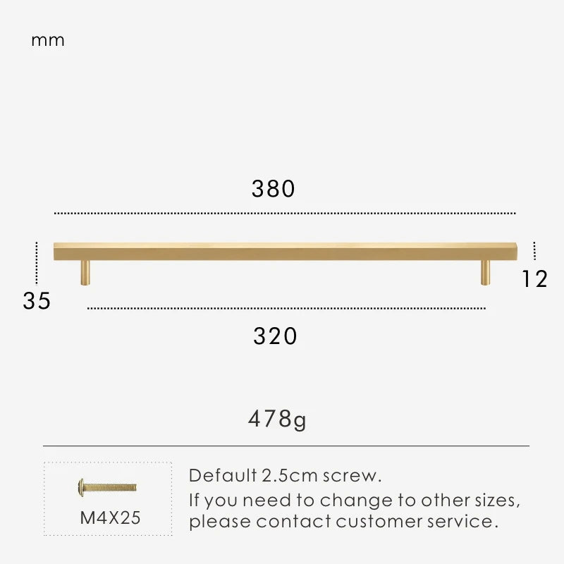 Measurement chart for a gold brass square handle 380 mm with dimensions and weight information.
