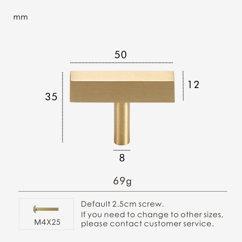 Measurement chart for a gold brass square t-bar 50 mm with dimensions and weight information.