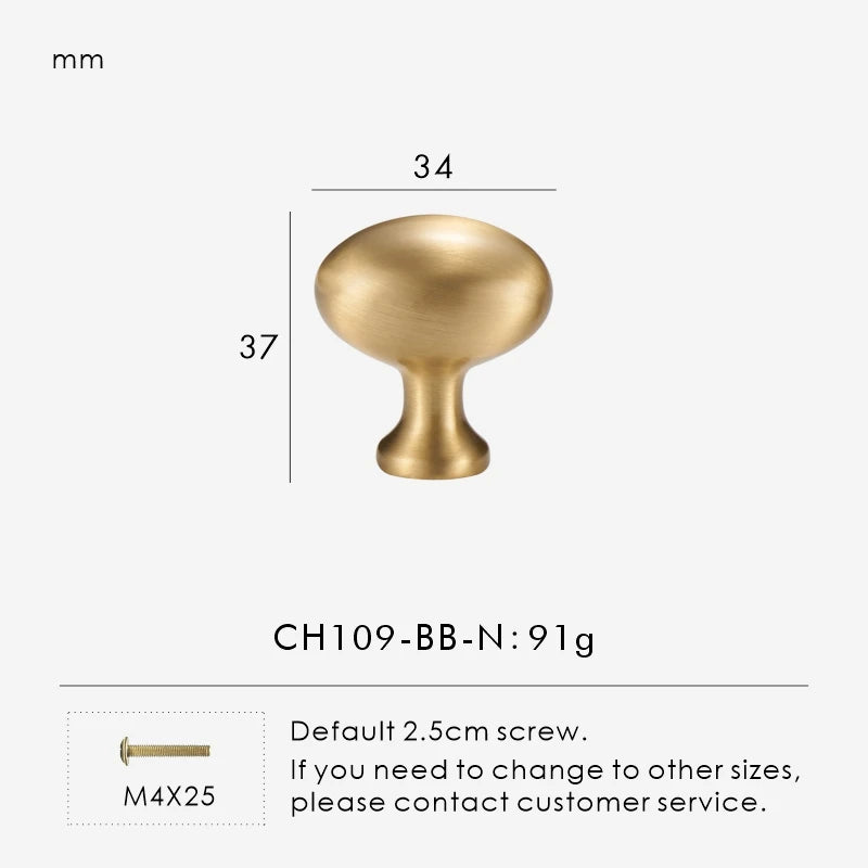 Gold cabinet knob with dimensions and weight on a white background.