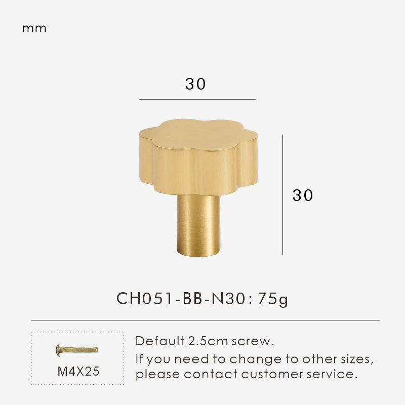 Gold flower cabinet knob 30mm with measurements on a white background.