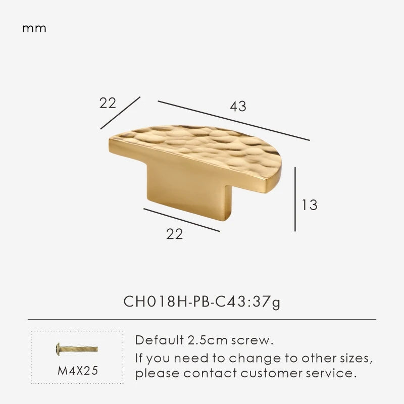 Gold hammered cabinet knob 43mm with dimensions and weight on a white background.