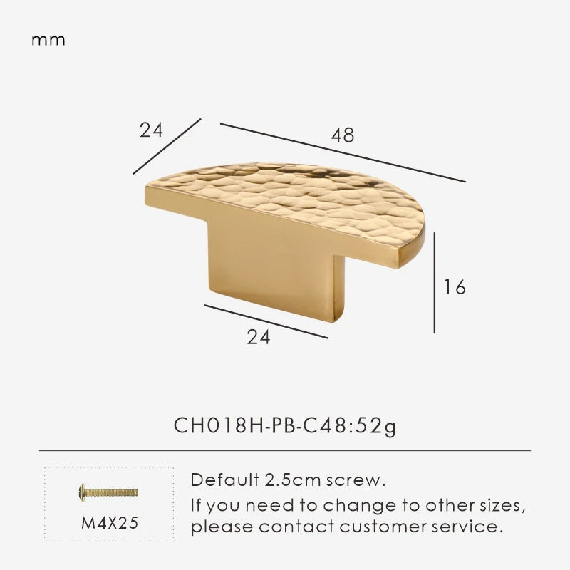 Gold hammered cabinet knob 48mm with dimensions and weight on a white background.