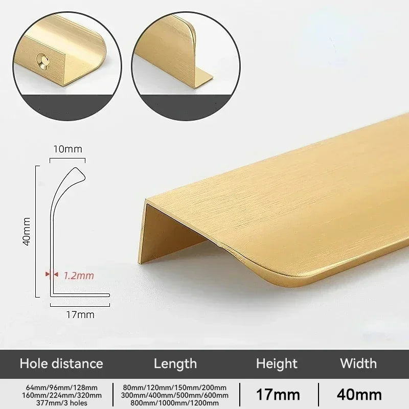 Gold hidden edge pull profile with dimensions and hole distance details on a white background.