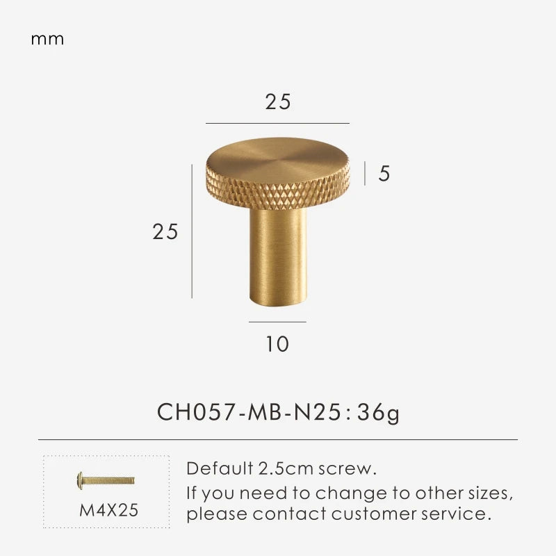 Gold matte antique knob 25 mm with measurements and product details on a white background.