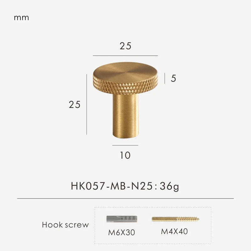 Gold matte antique knob 25mm with measurements and product details on a white background.