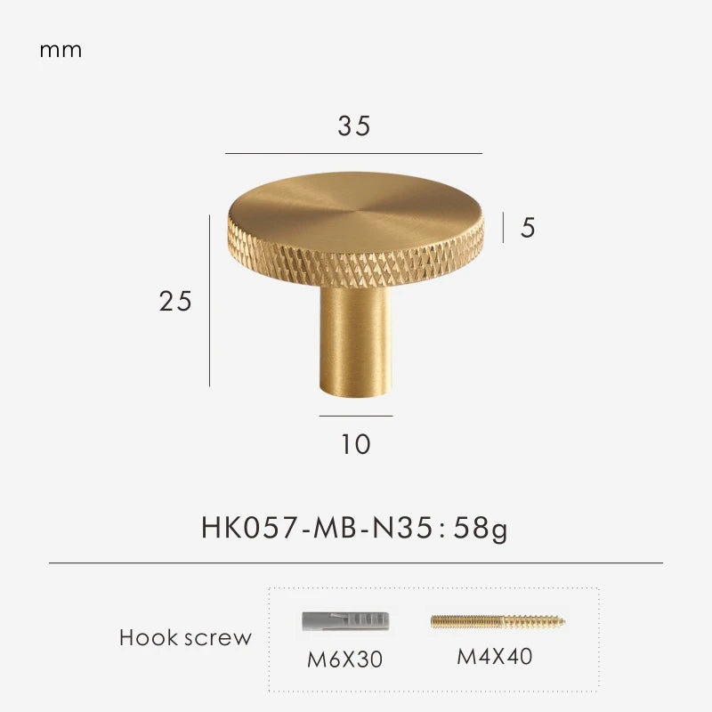 Gold matte antique knob 35 mm with measurements and product details on a white background.
