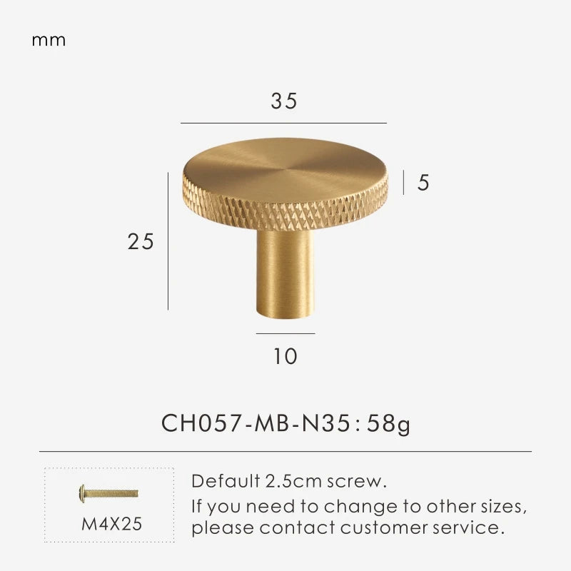Gold matte antique knob 35mm with measurements and product details on a white background.