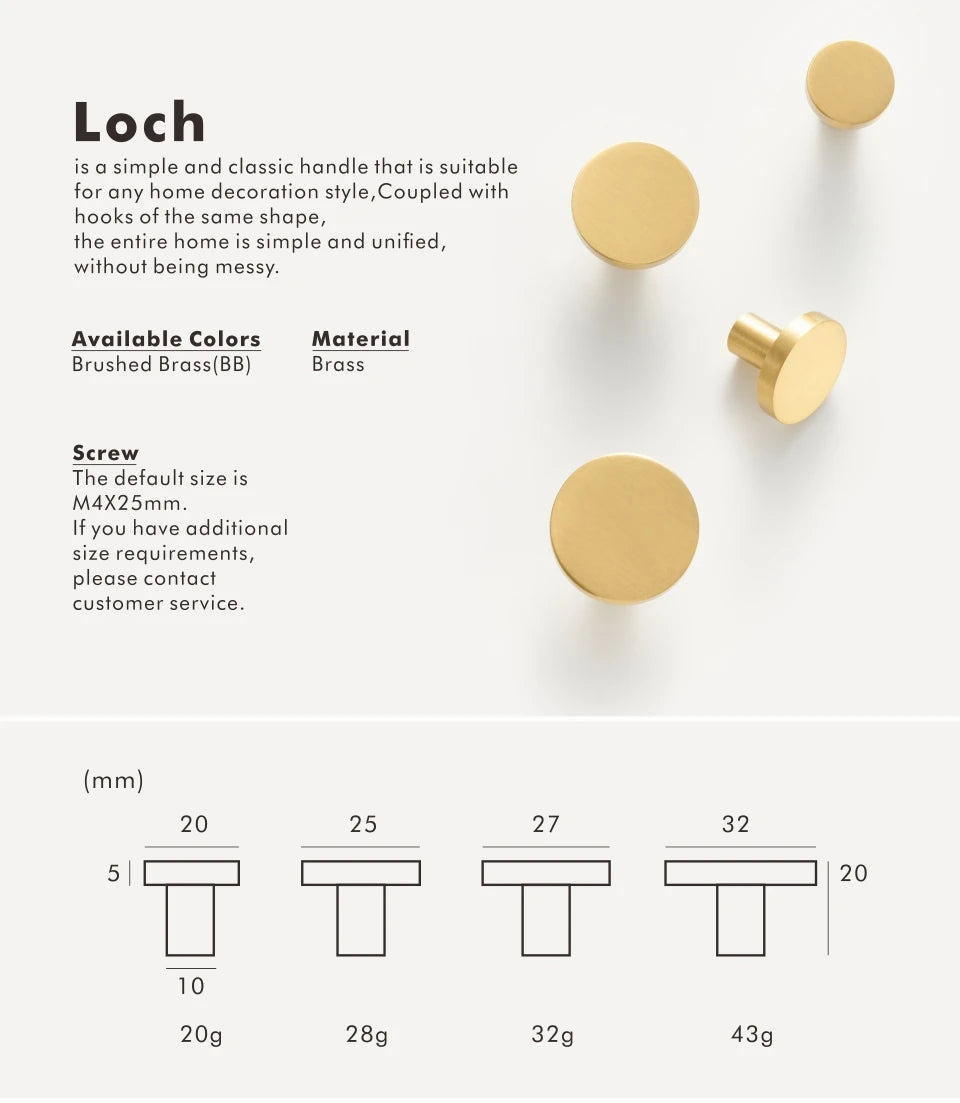 Gold round knobs with description and specifications on a white background.