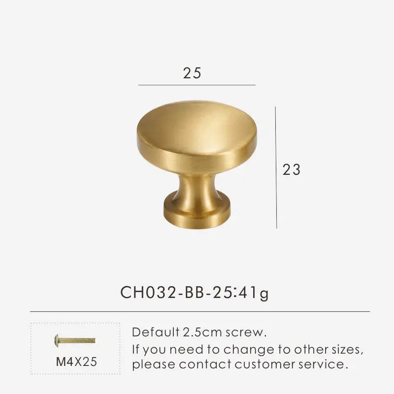 Gold solid brass cabinet knob 25mm with dimensions and weight information on a white background.