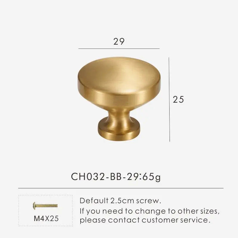 Gold solid brass cabinet knob 29mm with dimensions and weight information on a white background.