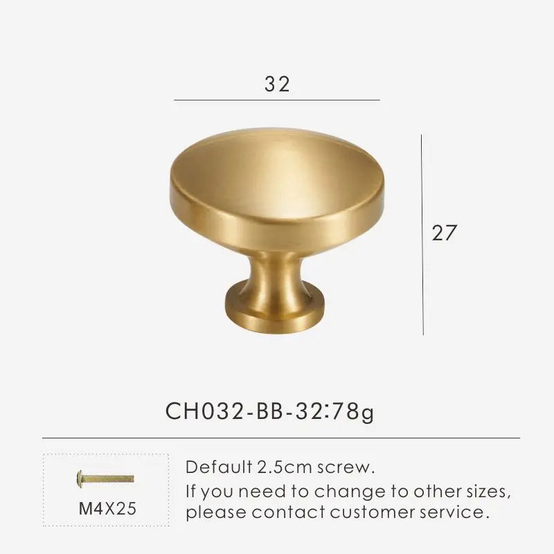 Gold solid brass cabinet knob 32mm with dimensions and weight information on a white background.