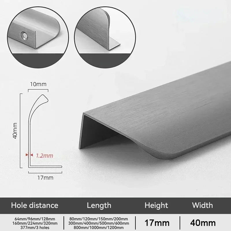 Grey hidden edge pull profile with dimensions and hole distance details on a white background.