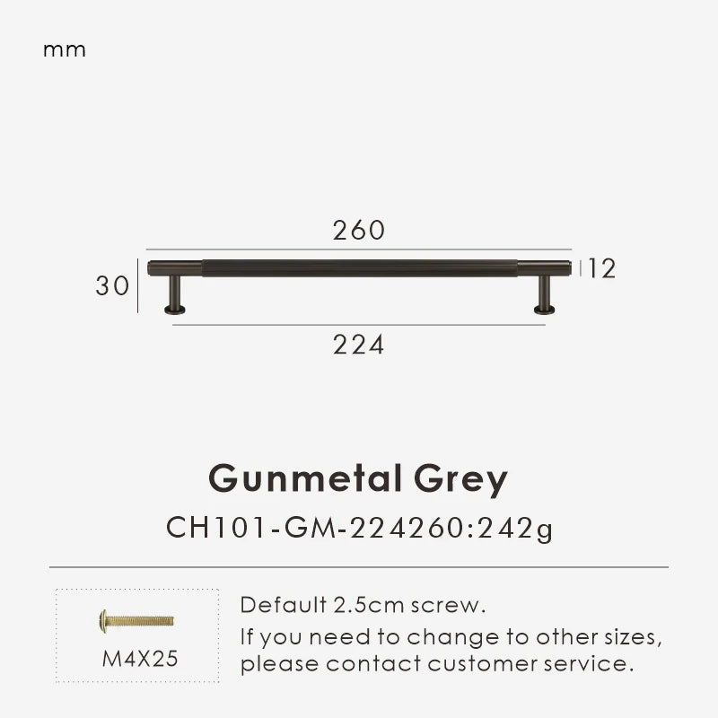 Measurement chart for a gunmetal brass linear handle 260 mm with dimensions and weight information.