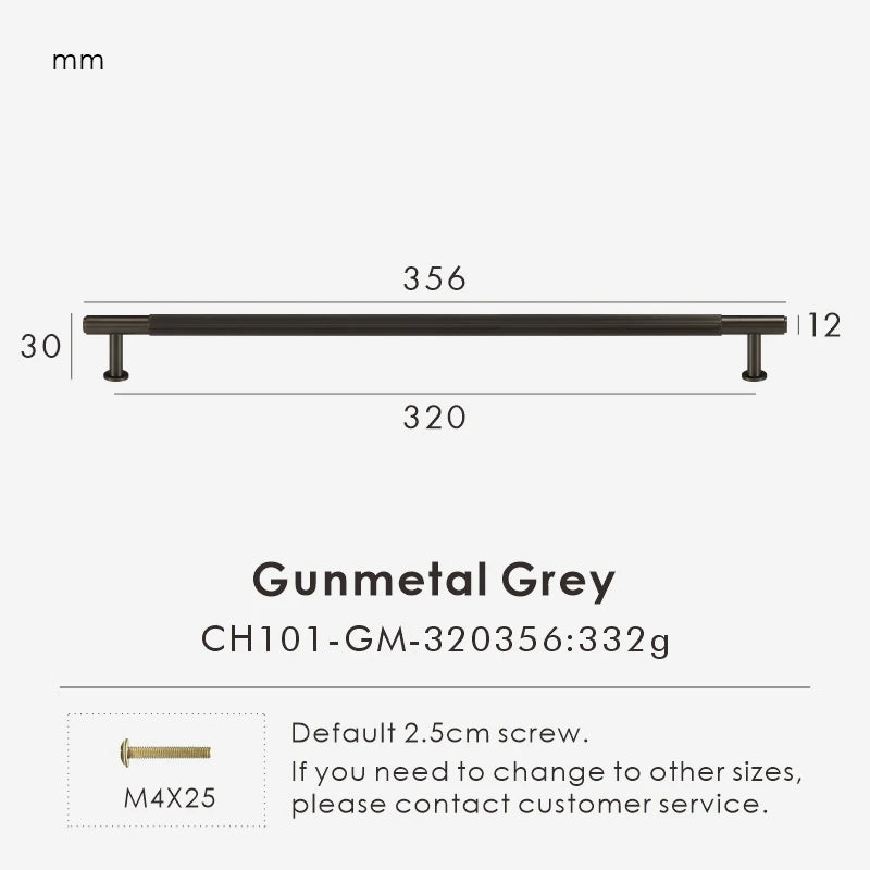 Measurement chart for a gunmetal brass linear cabinet handle 356 mm with dimensions and weight information.