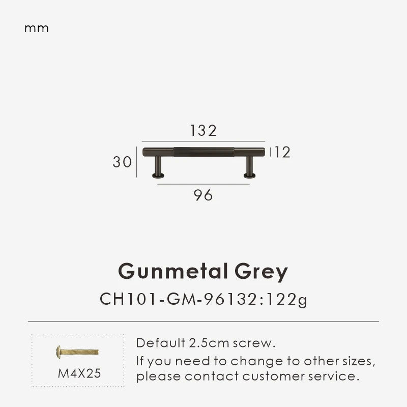 Measurement chart for a gunmetal brass linear knob 132 mm with dimensions and weight information.