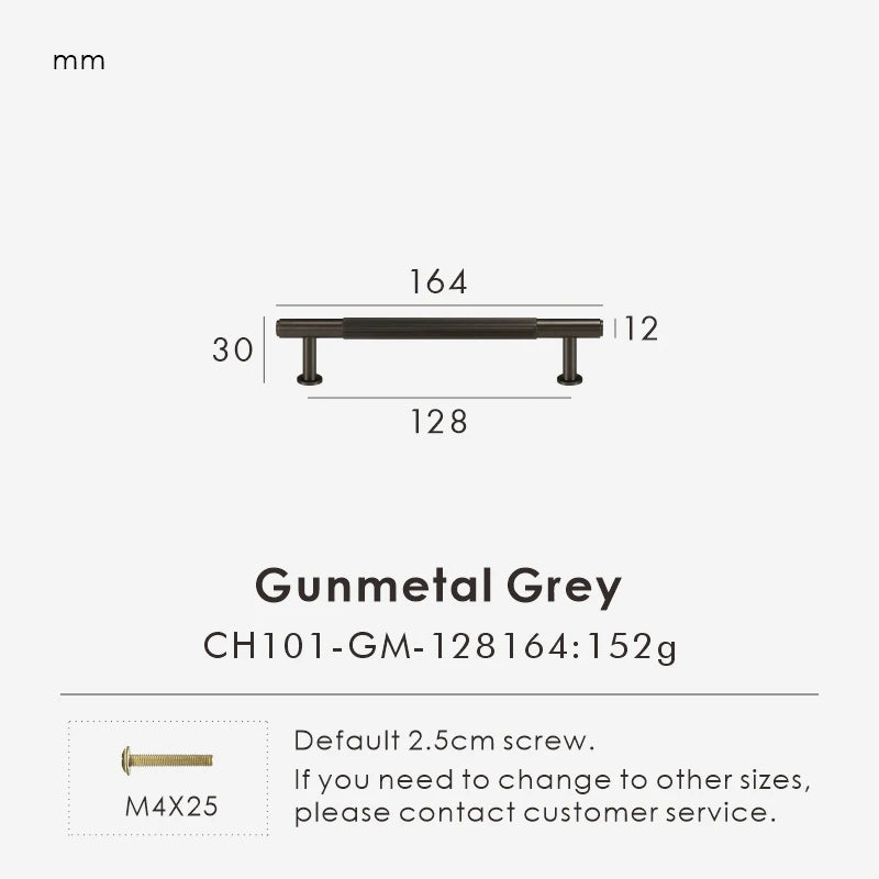 Measurement chart for a gunmetal brass linear knob 164 mm with dimensions and weight information.