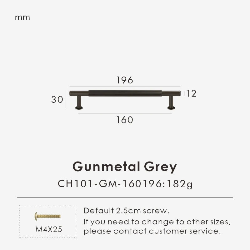 Measurement chart for a gunmetal brass linear knob 196 mm with dimensions and weight information.