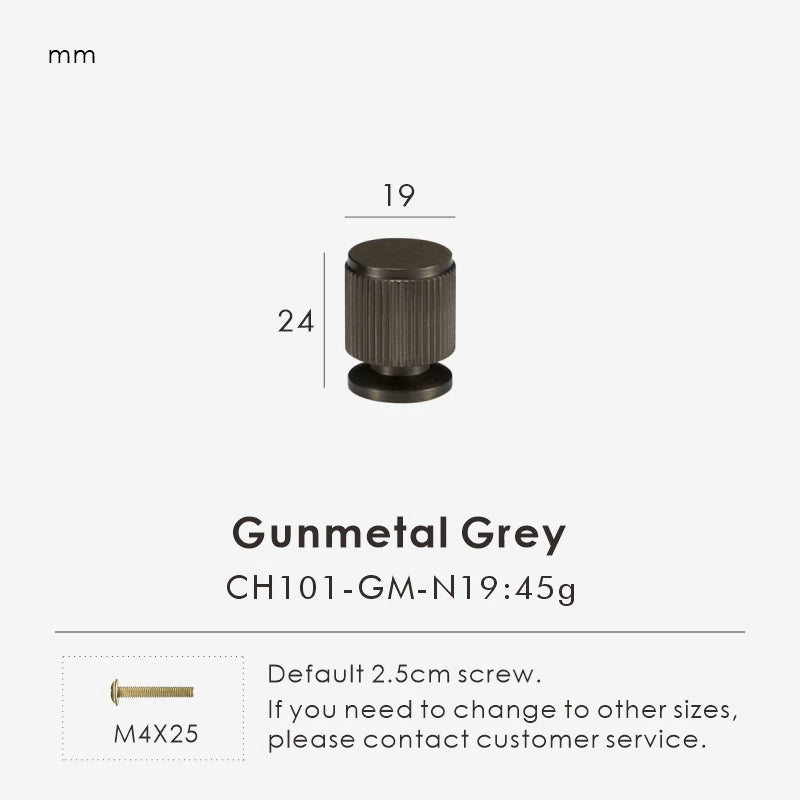 Measurement chart for a gunmetal brass linear knob 19 mm with dimensions and weight information.