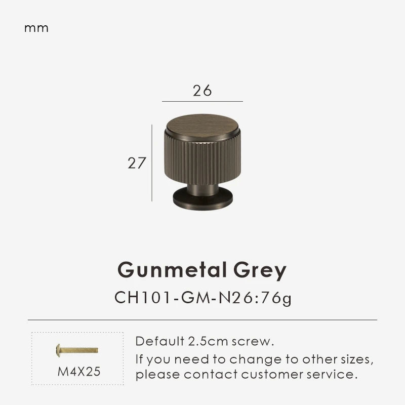 Measurement chart for a gunmetal brass linear knob 26 mm with dimensions and weight information.