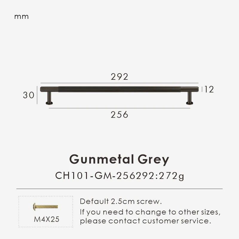 Measurement chart for a gunmetal brass linear knob 292 mm with dimensions and weight information.