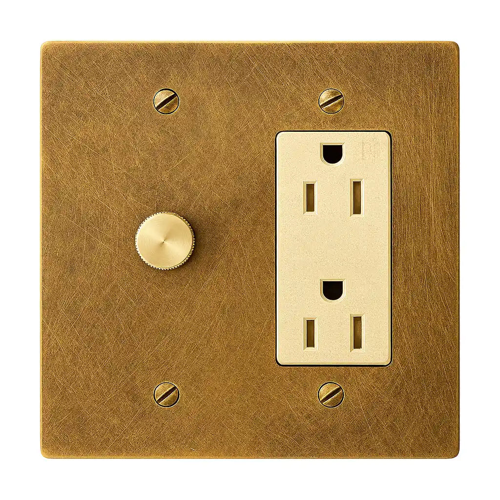 Brass wall plate with a light switch and outlet on a white background