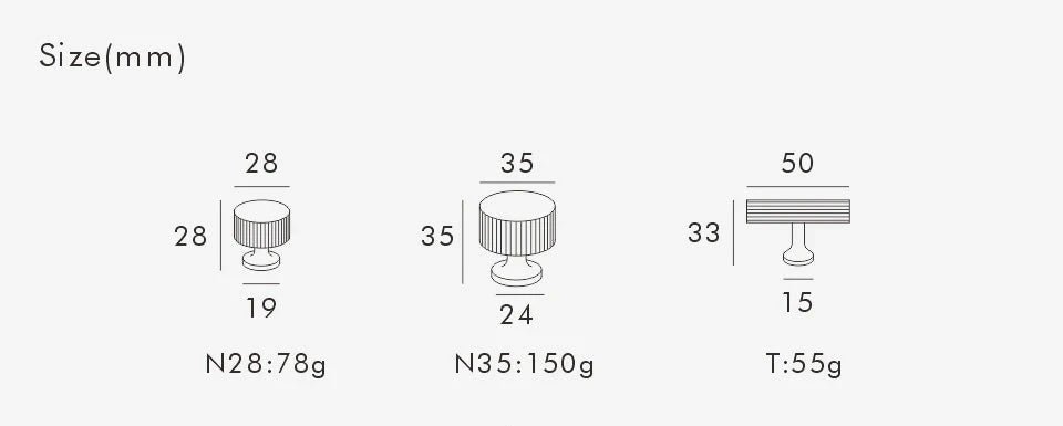Measurement chart of two knob and t-bar on white background.