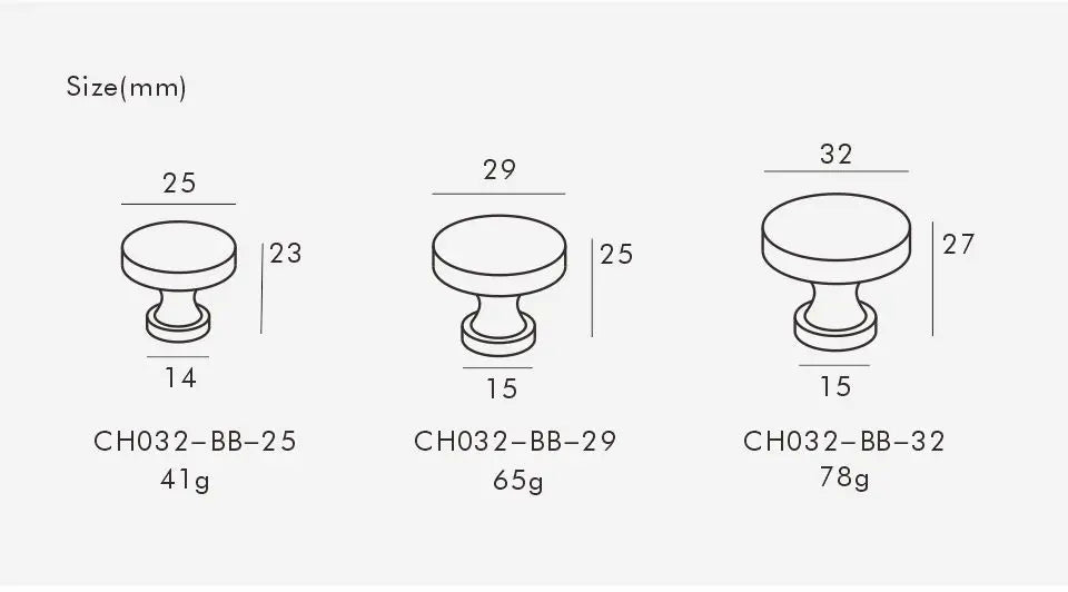 Measurement chart of solid brass cabinet knobs with dimensions and weights on a white background.