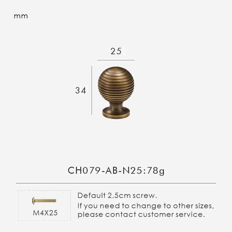 Retro brass cabinet knob 25mm with dimensions and weight on a white background.