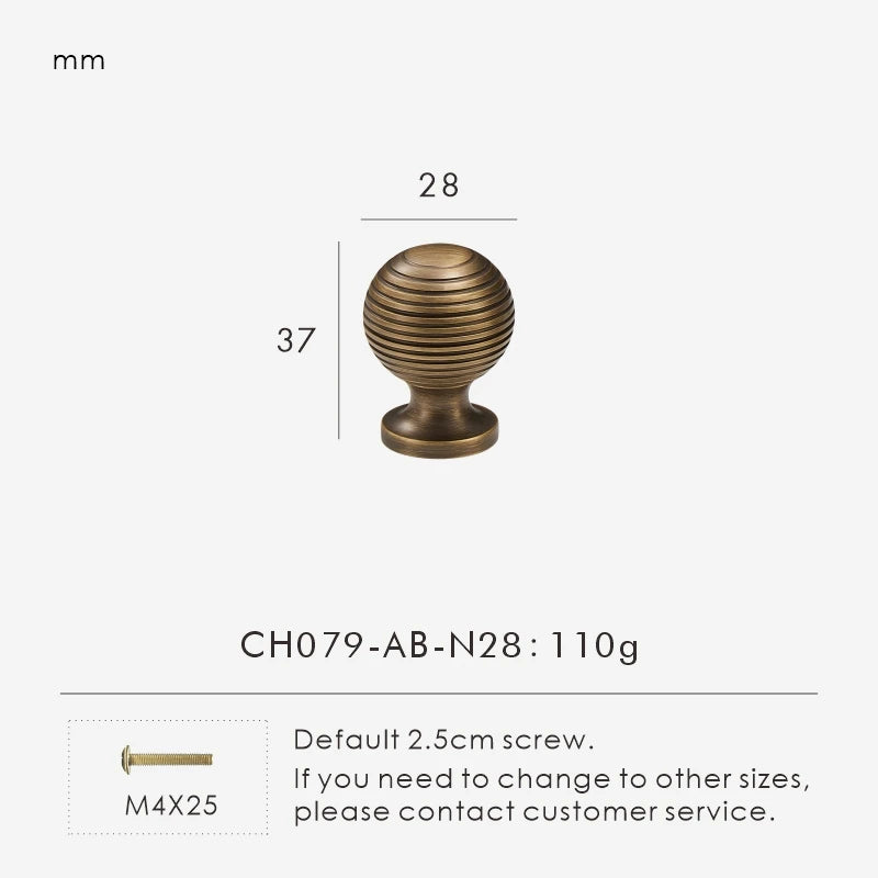 Retro brass cabinet knob 28mm with dimensions and weight on a white background.