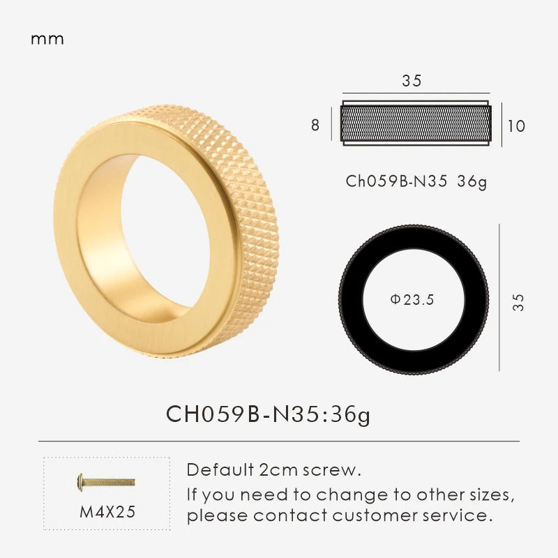 Gold brass knurled ring cabinet knob with measurements and specifications on a white background.