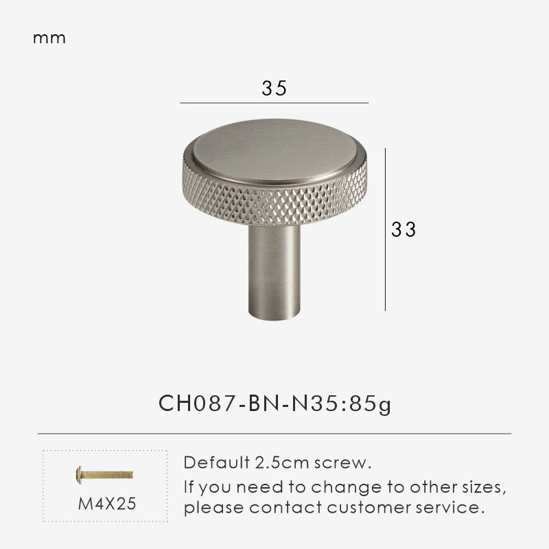 Solid Brass Knurled Knob – Brushed Nickel Luxury Cabinet Handle