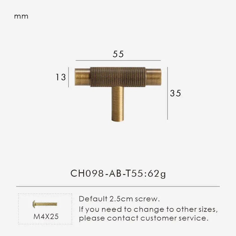 Solid Brass Knurled Handle – Modern T-Bar Cabinet & Drawer Pull